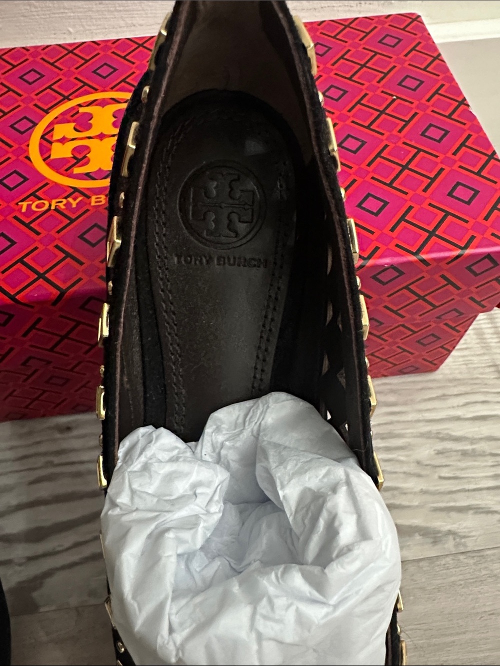 Tory Burch Black Suede Studded Ballet Flats with Gold Accents - Picture 2 of 5